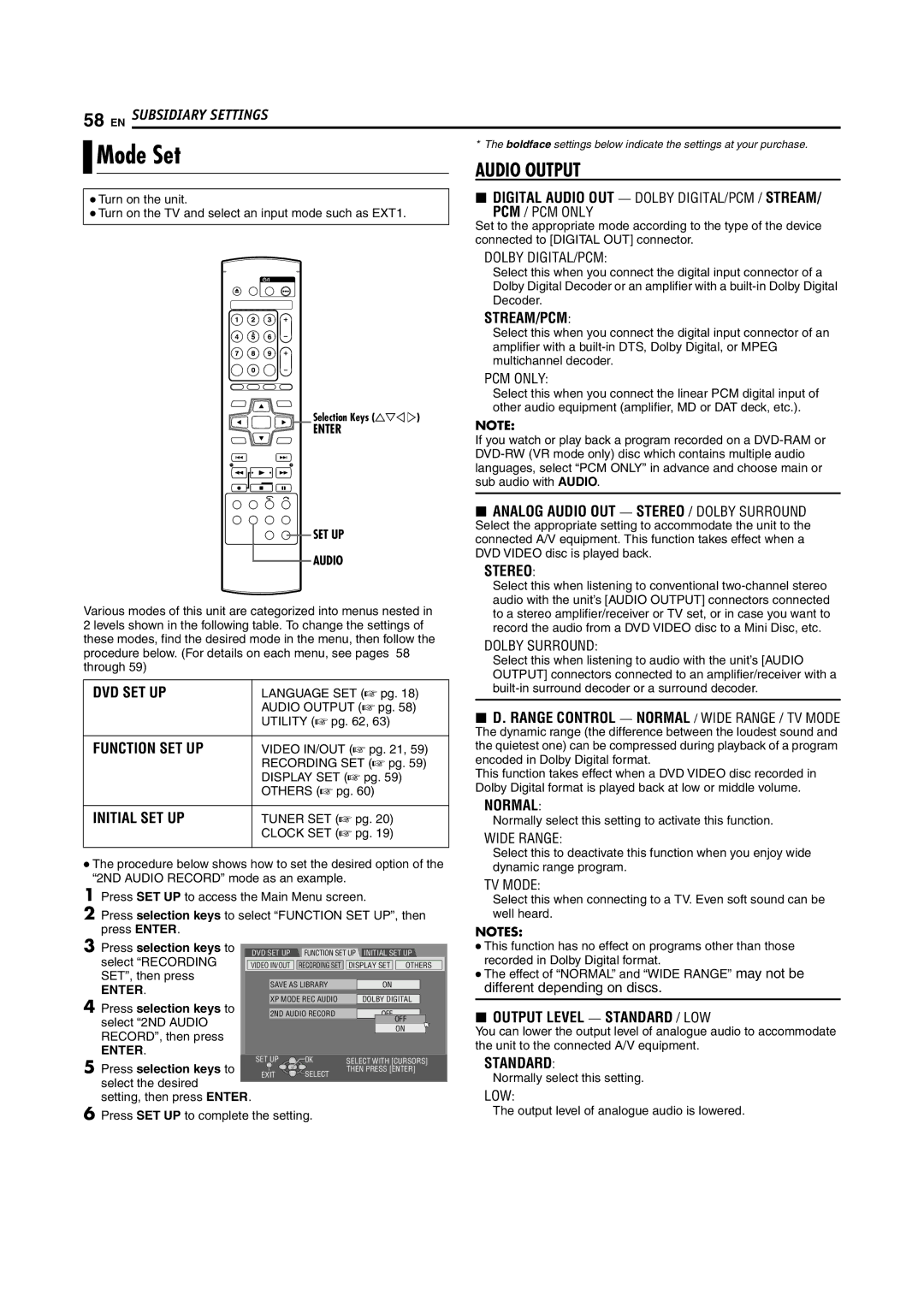 JVC DR-M100S manual Mode Set, Enter SET UP Audio, Press selection keys to select 2ND Audio RECORD, then press 