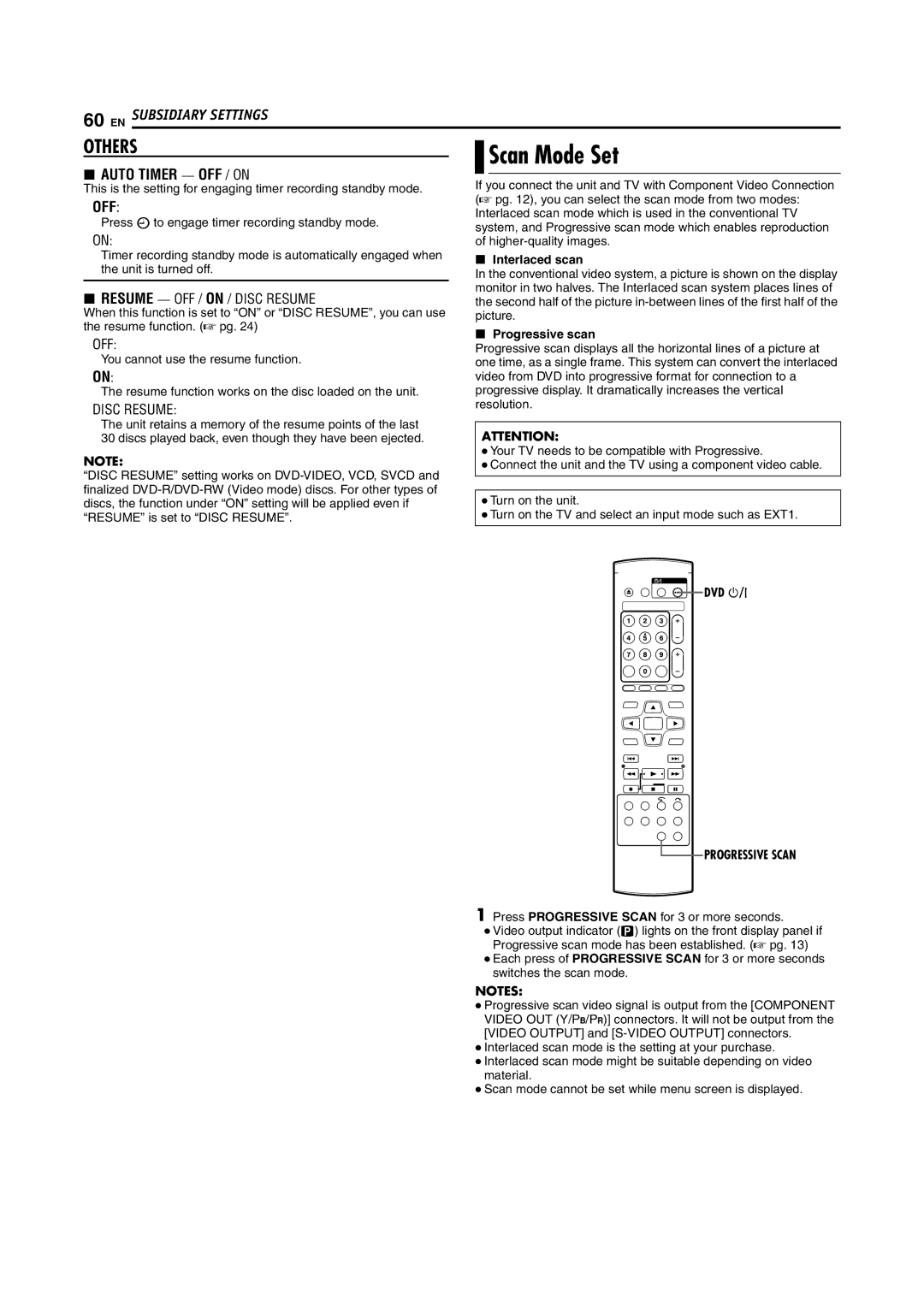 JVC DR-M100S manual Scan Mode Set, Interlaced scan, Progressive scan, Progressive Scan 