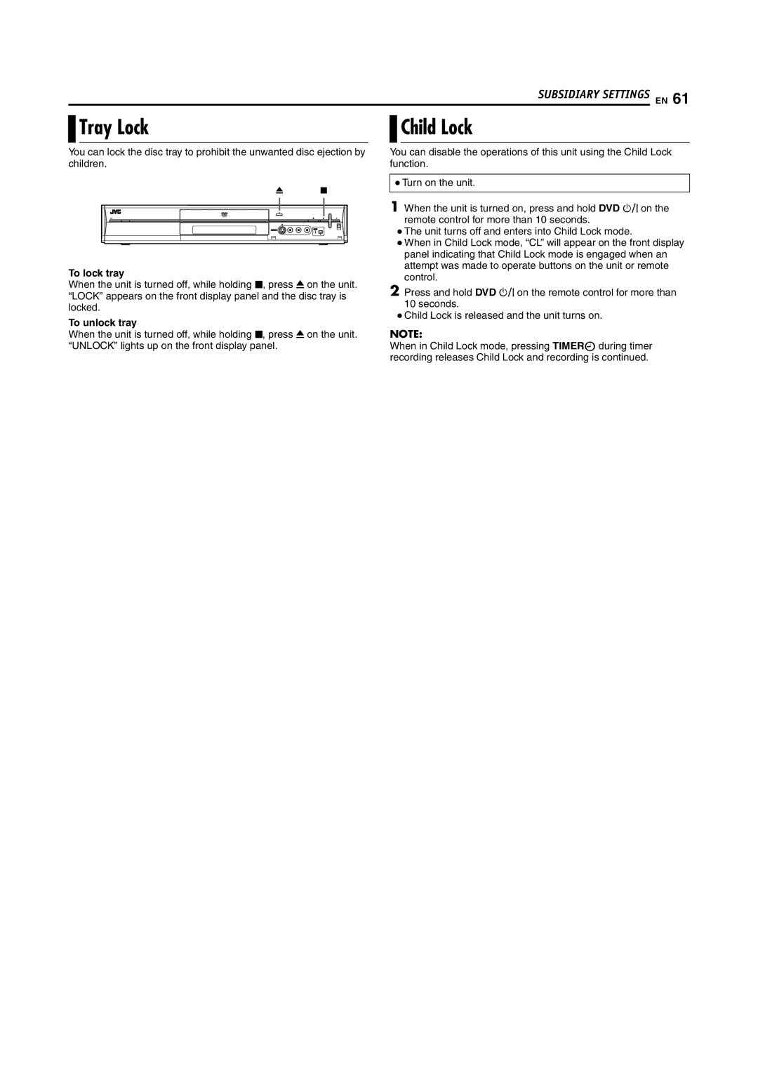 JVC DR-M100S manual Tray Lock, Child Lock, To lock tray, To unlock tray 