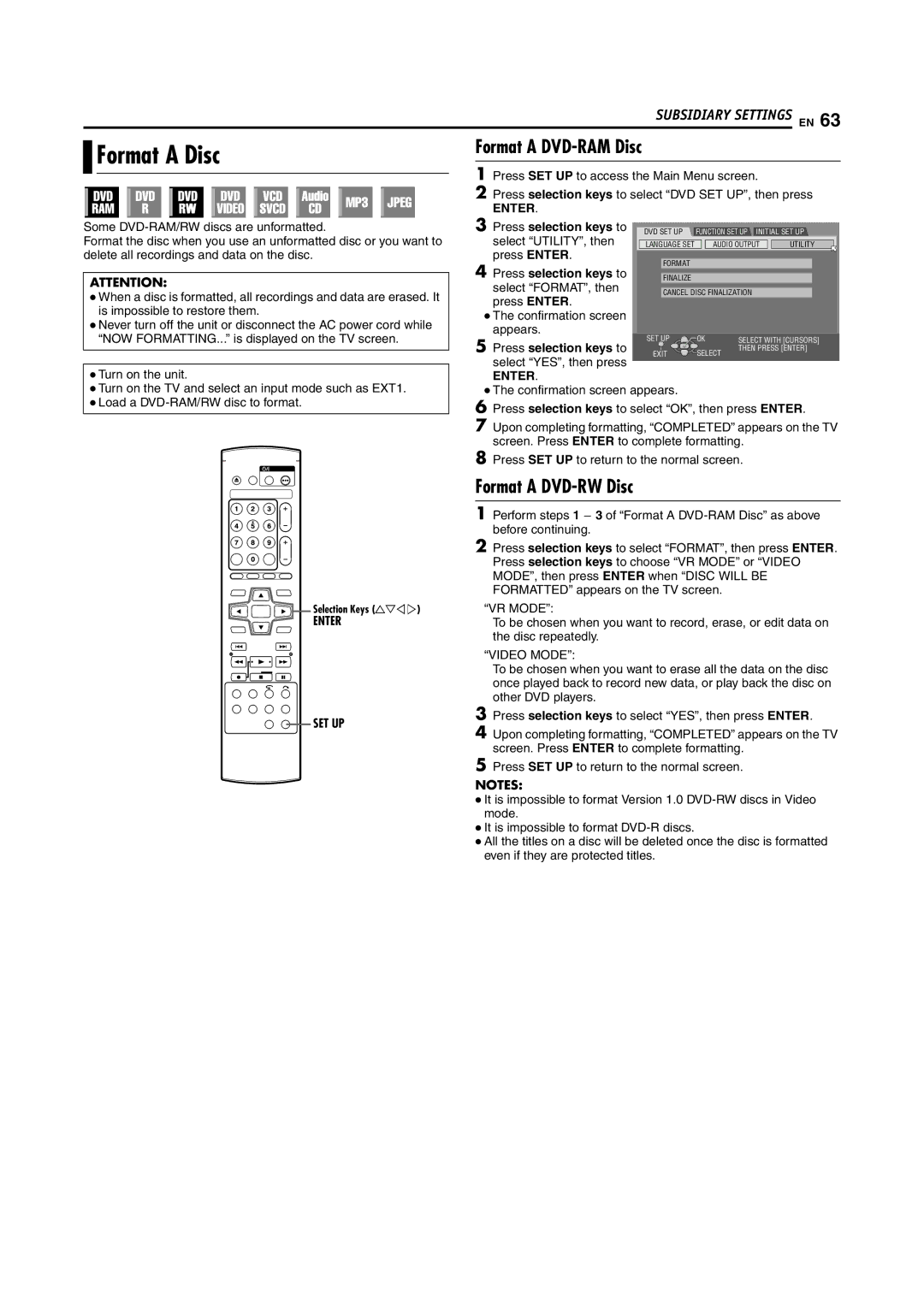 JVC DR-M100S manual Format a Disc, Format a DVD-RAM Disc, Format a DVD-RW Disc 