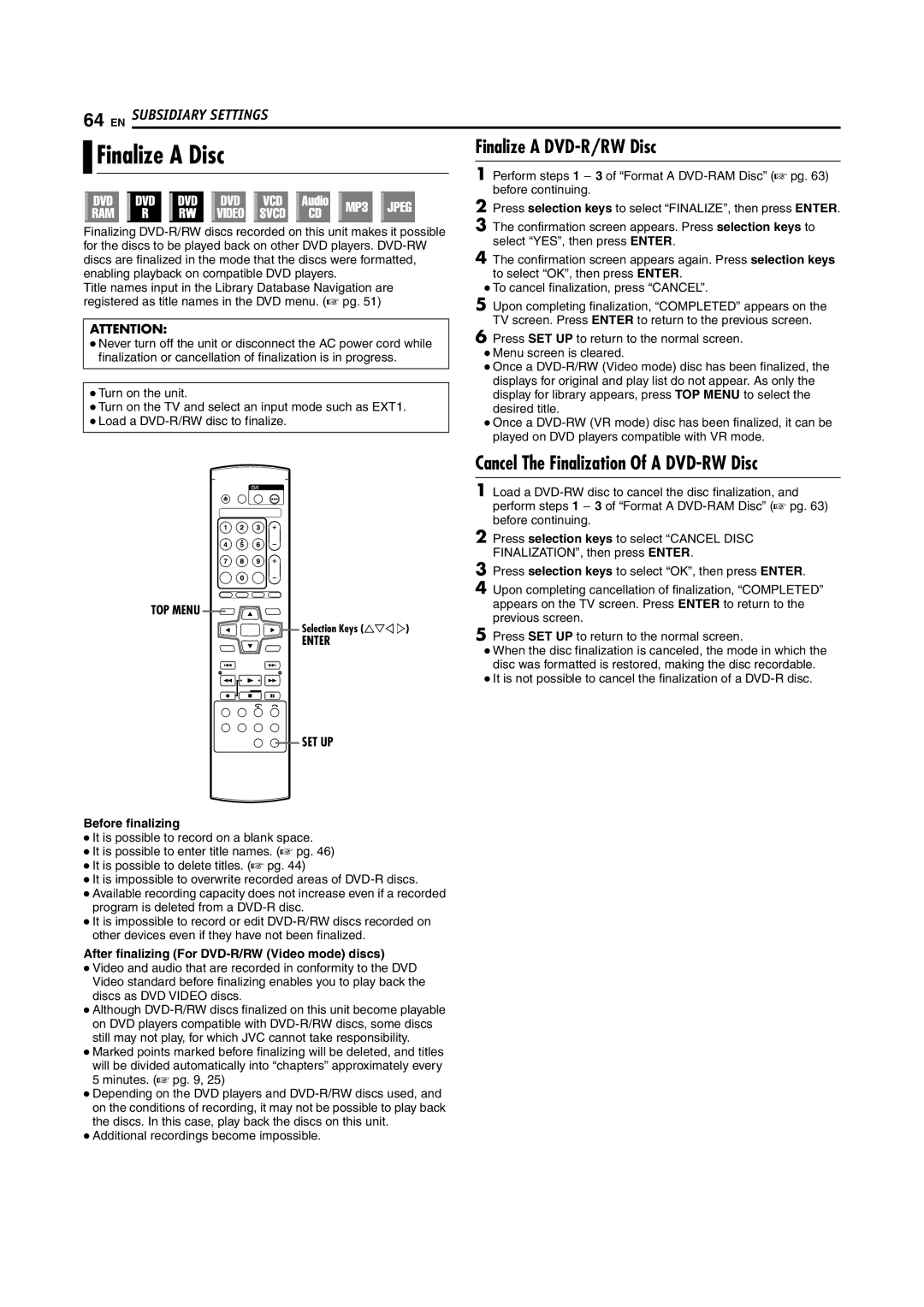 JVC DR-M100S manual Finalize a Disc, Finalize a DVD-R/RW Disc, Cancel The Finalization Of a DVD-RW Disc, TOP Menu 