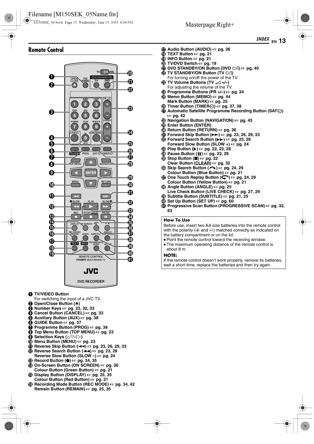 JVC DR-M150SEK manual Remote Control, TV/VIDEO Button, For switching the input of a JVC TV 