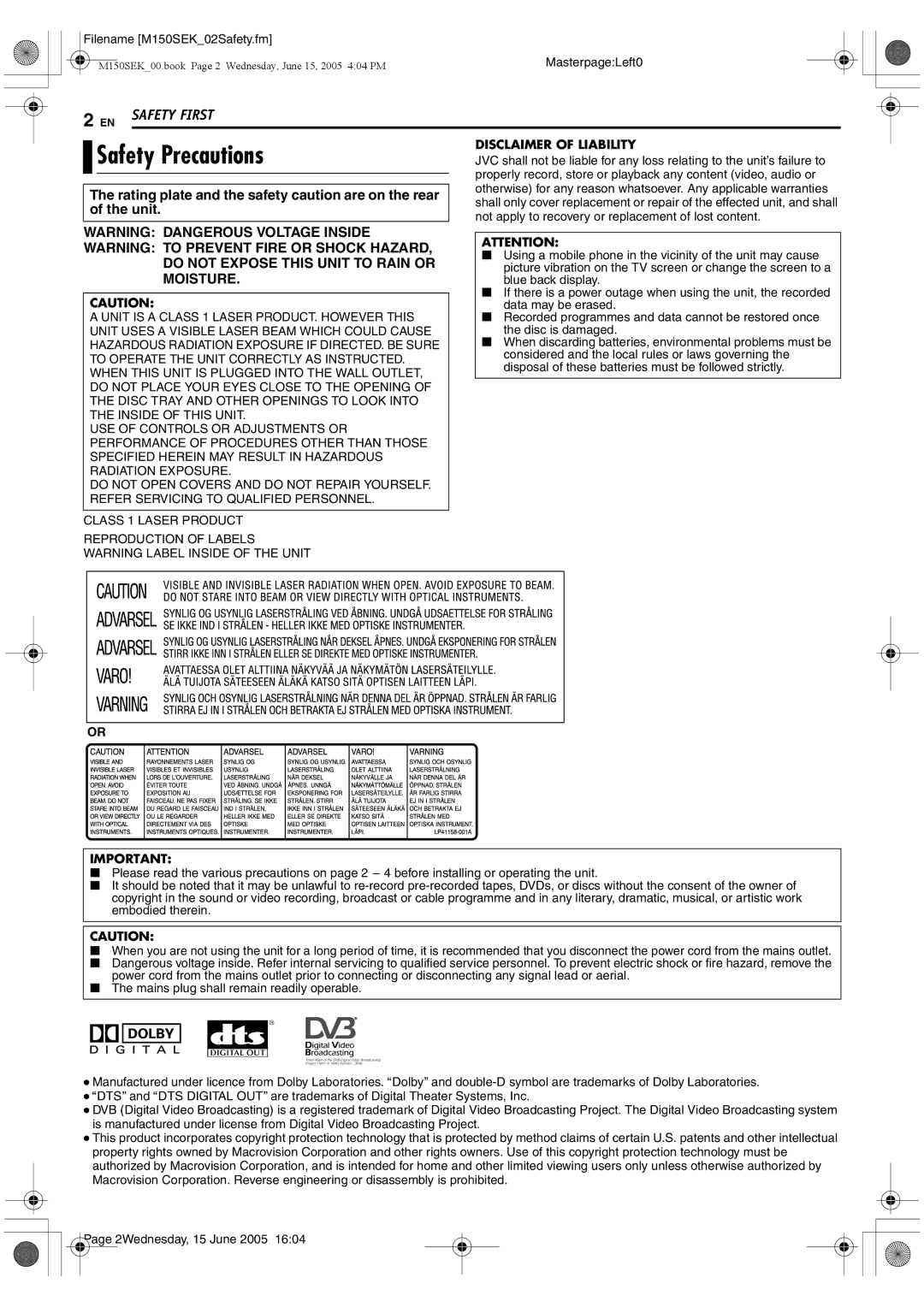 JVC DR-M150SEK manual Safety Precautions, Filename M150SEK02Safety.fm 