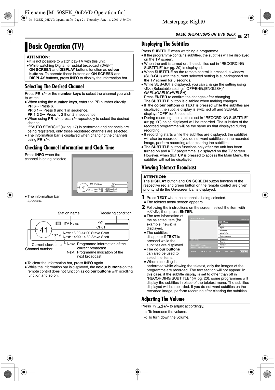 JVC DR-M150SEK Basic Operation TV, Selecting The Desired Channel, Displaying The Subtitles, Viewing Teletext Broadcast 