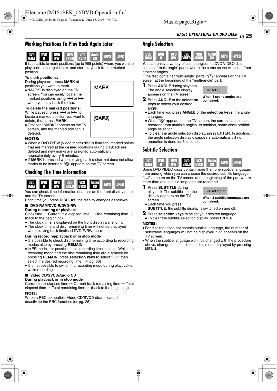 JVC DR-M150SEK manual Angle Selection, Checking The Time Information, Subtitle Selection 