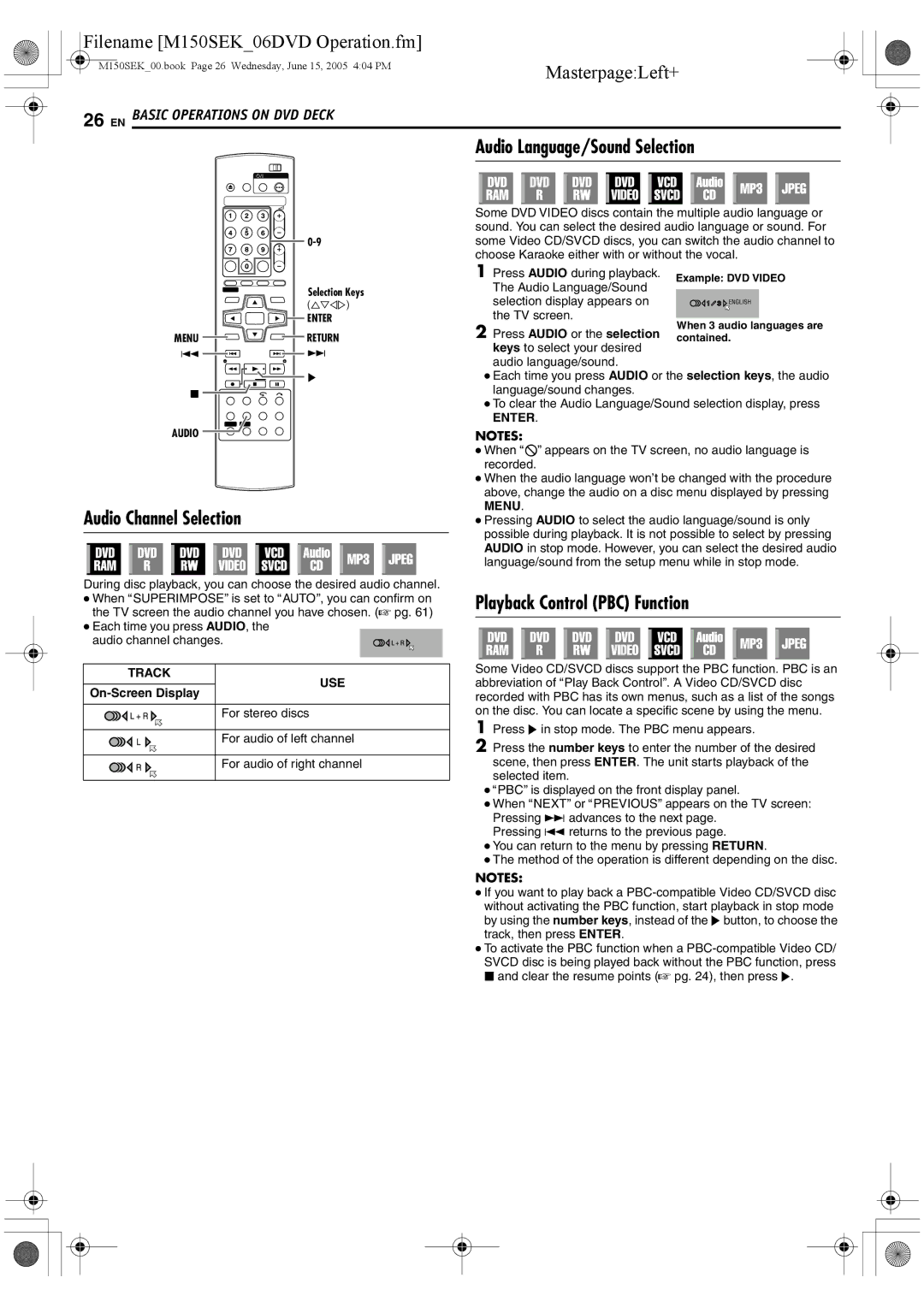 JVC DR-M150SEK manual Audio Channel Selection, Playback Control PBC Function, Track USE, On-Screen Display 