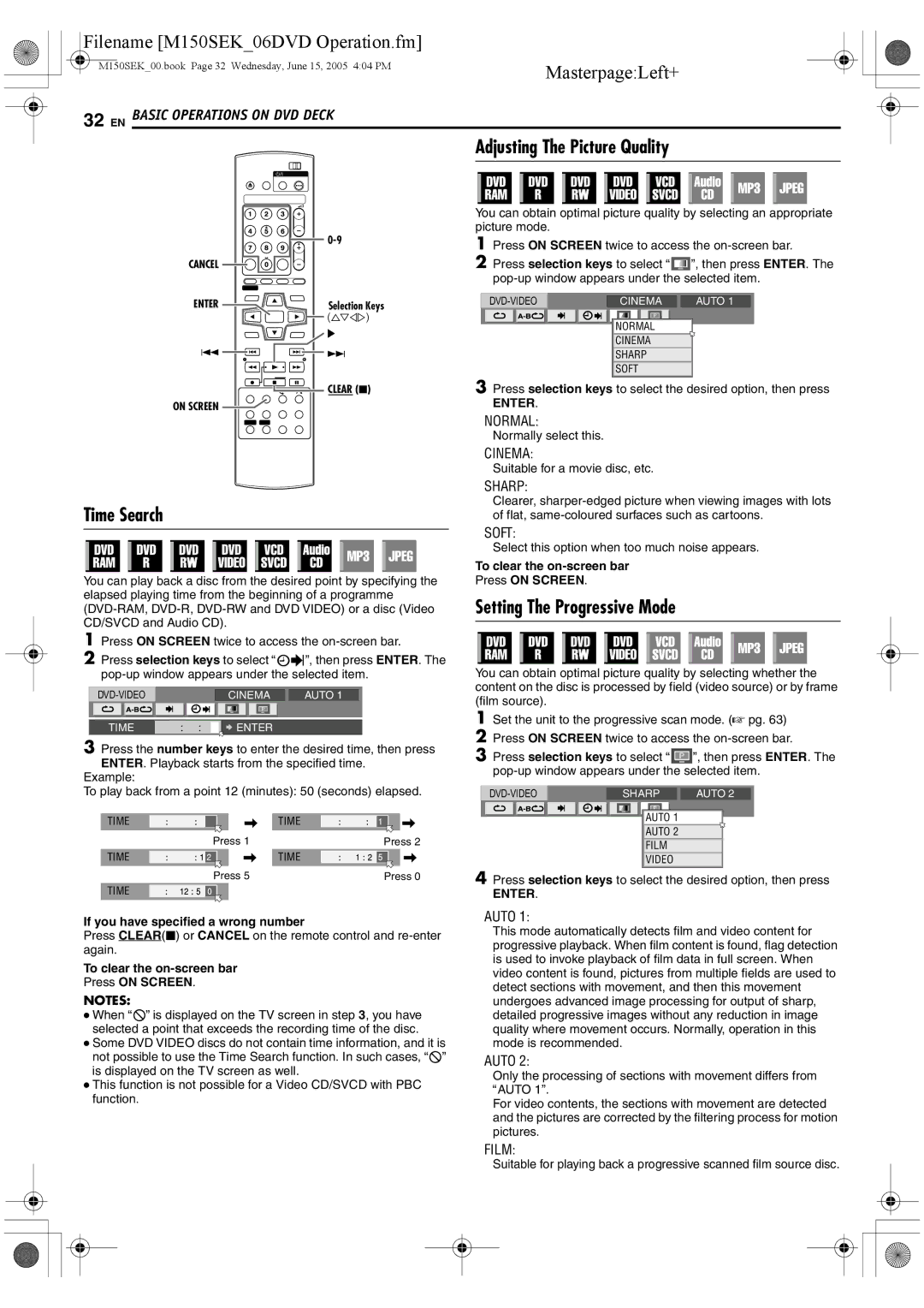 JVC DR-M150SEK manual Time Search, Setting The Progressive Mode, Normally select this, Suitable for a movie disc, etc 