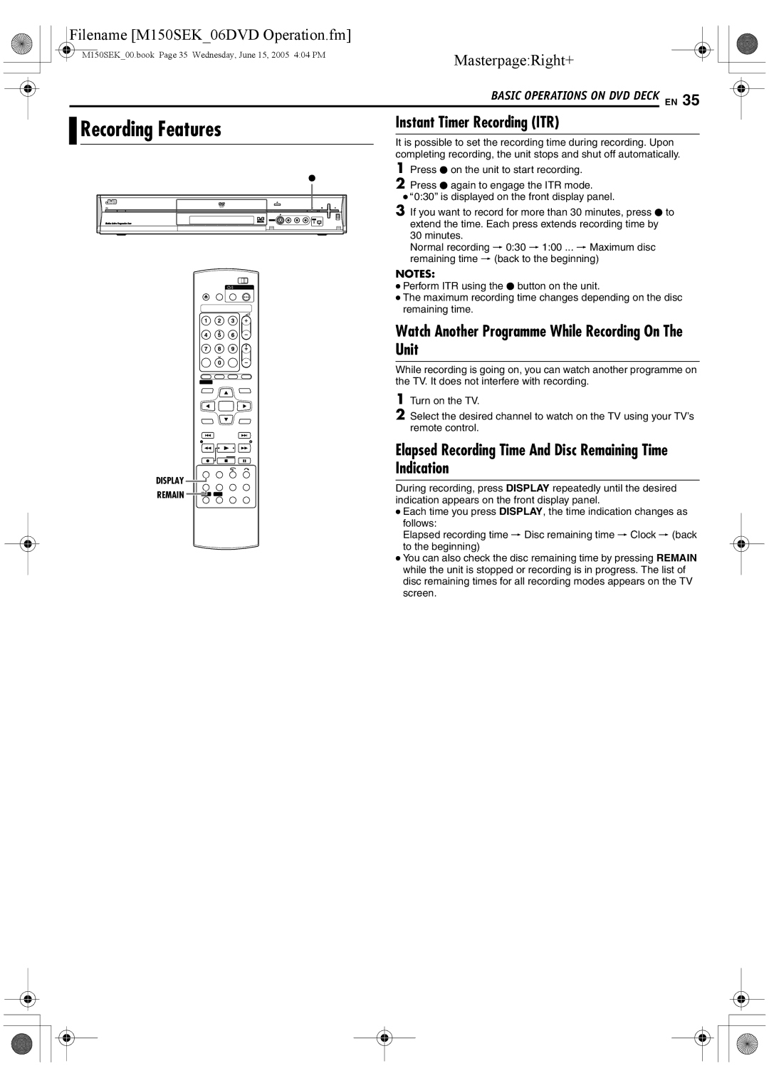 JVC DR-M150SEK manual Recording Features, Instant Timer Recording ITR, Unit 