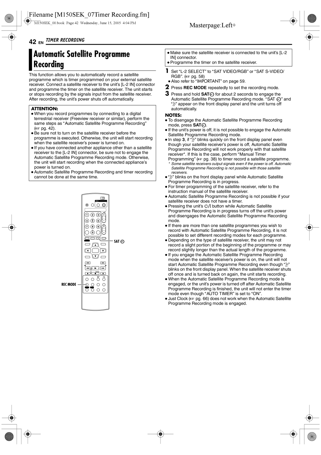 JVC DR-M150SEK manual Automatic Satellite Programme, Recording 