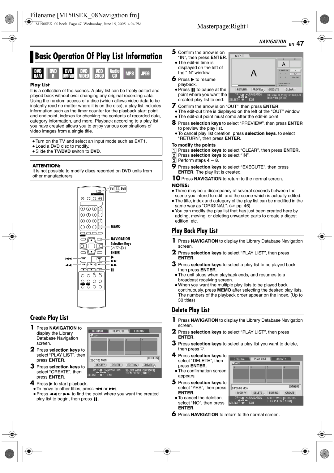 JVC DR-M150SEK manual Play Back Play List, Create Play List Delete Play List 