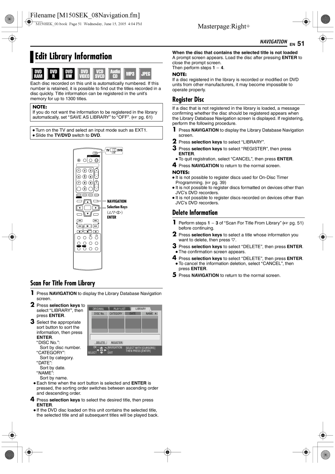JVC DR-M150SEK manual Register Disc, Delete Information, Scan For Title From Library 