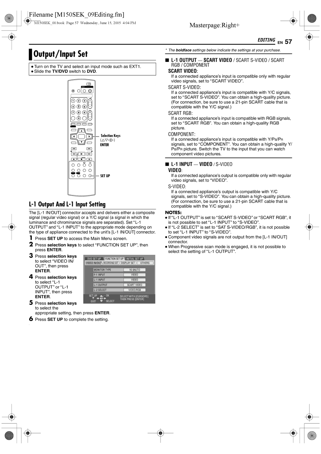 JVC DR-M150SEK manual Output/Input Set, Output And L-1 Input Setting, RGB / Component 