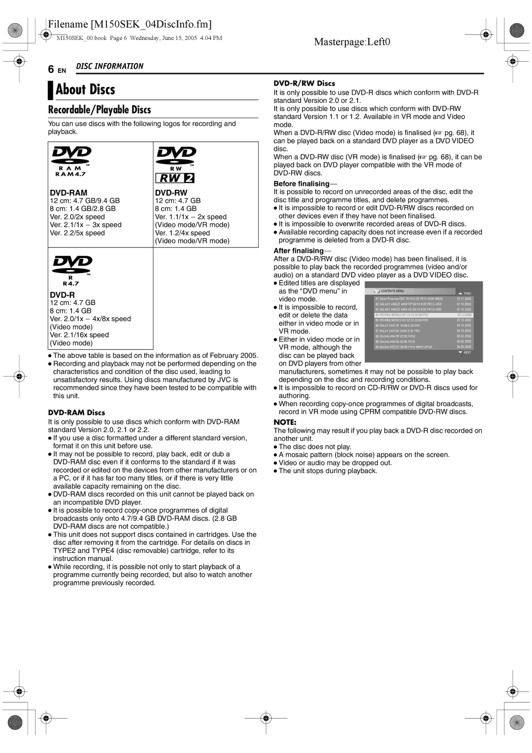 JVC DR-M150SEK manual About Discs, Recordable/Playable Discs, DVD-RAM Discs, DVD-R/RW Discs 