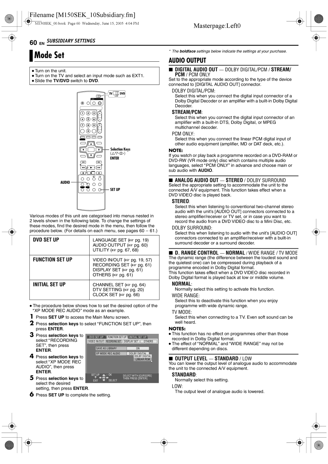 JVC DR-M150SEK manual Mode Set 