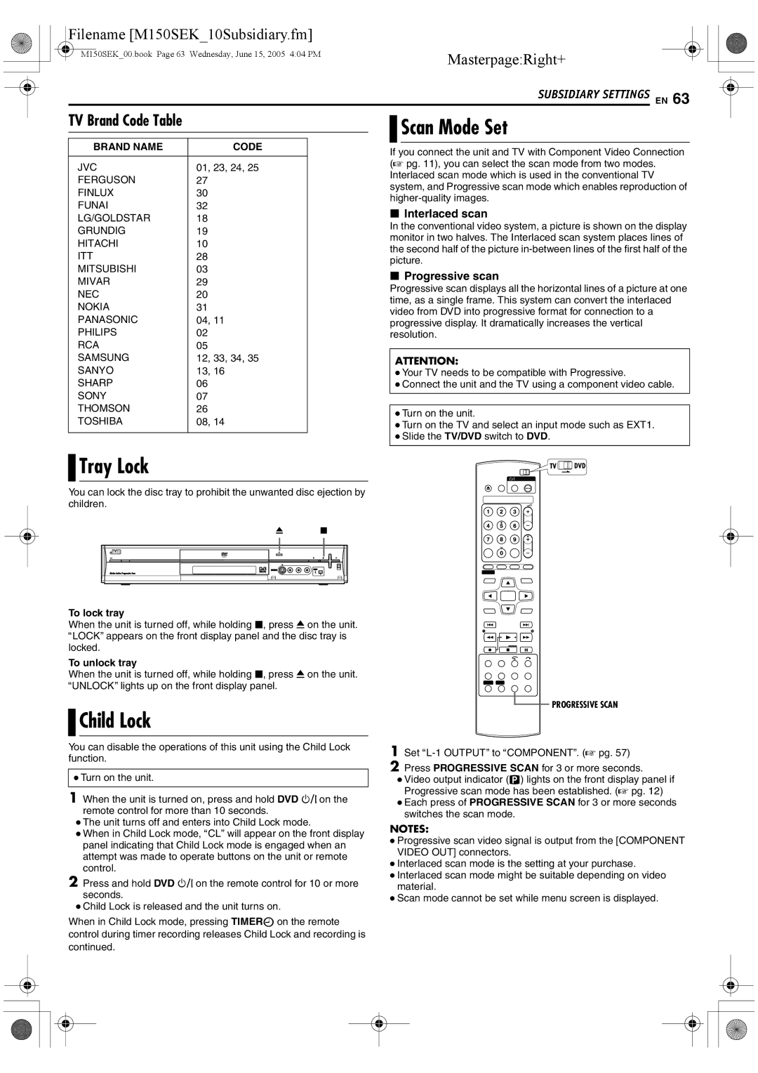 JVC DR-M150SEK manual Tray Lock, Child Lock, Scan Mode Set, TV Brand Code Table, Brand Name Code 