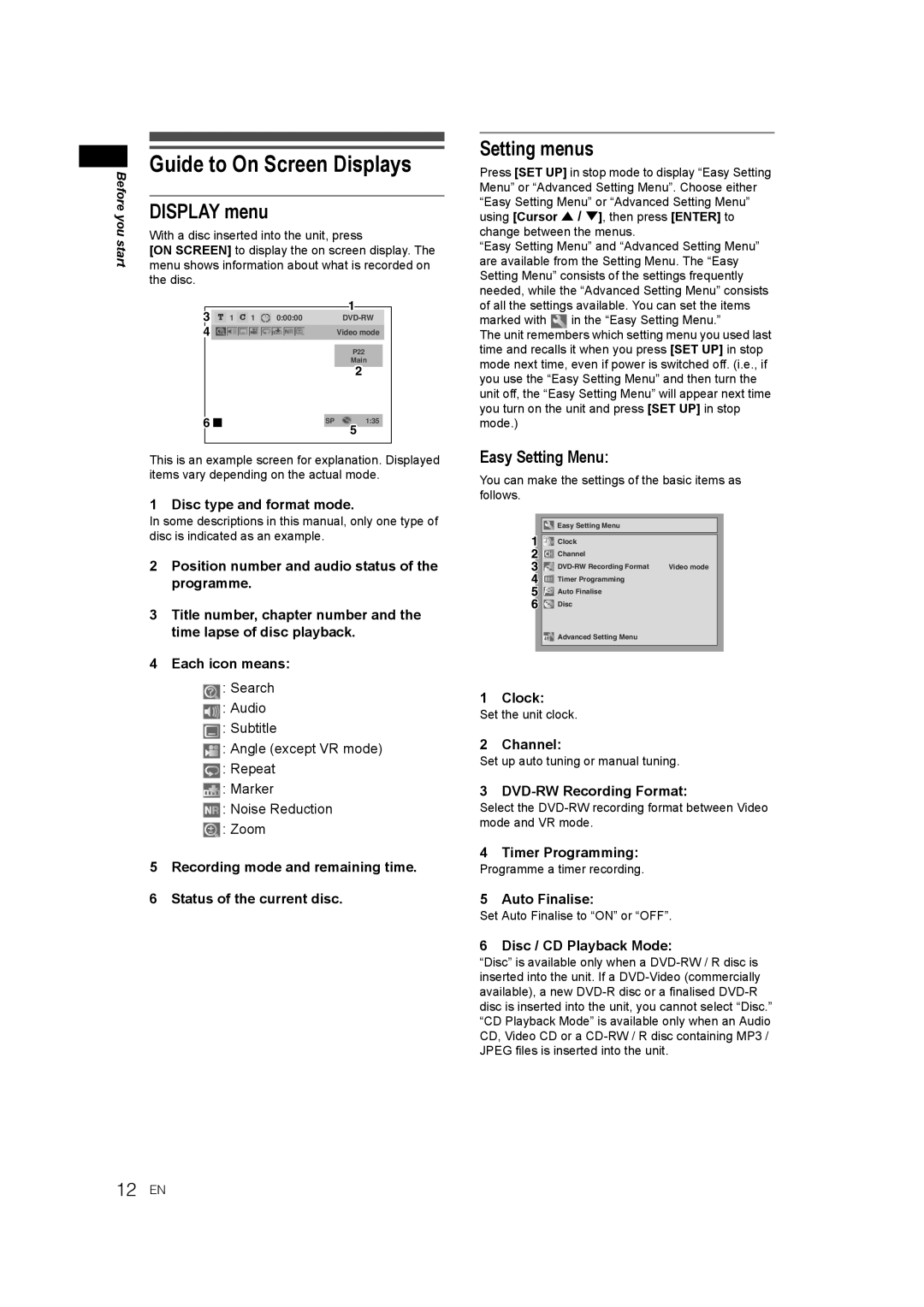 JVC DR-M70SEK manual Guide to On Screen Displays, Display menu, Setting menus, Easy Setting Menu 