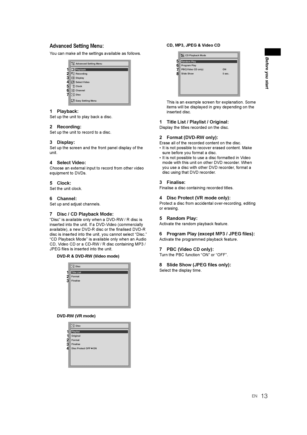 JVC DR-M70SEK manual Advanced Setting Menu 