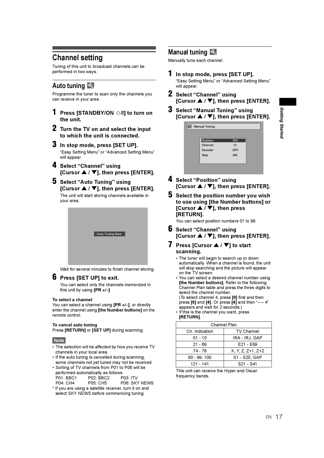 JVC DR-M70SEK manual Channel setting, Auto tuning, Manual tuning, Press SET UP to exit 