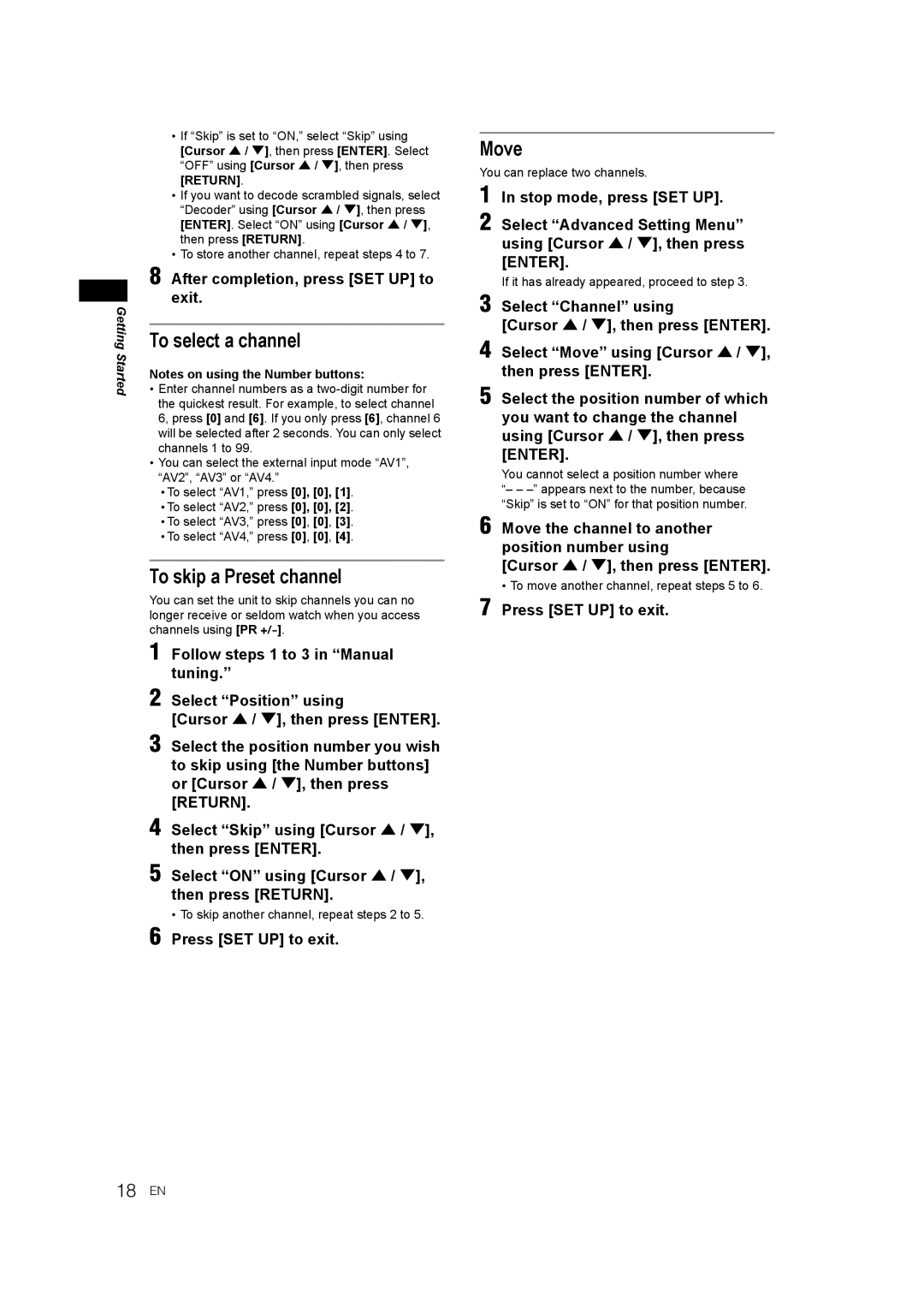 JVC DR-M70SEK manual To select a channel, To skip a Preset channel, Move, After completion, press SET UP to exit 