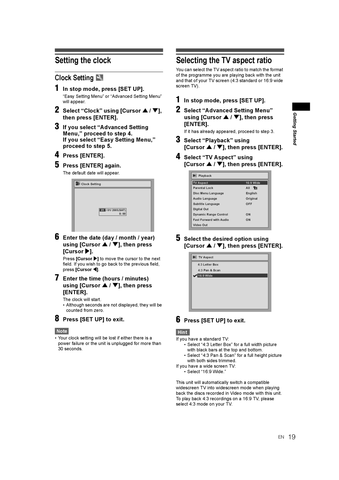 JVC DR-M70SEK manual Setting the clock, Selecting the TV aspect ratio, Clock Setting, Hint 