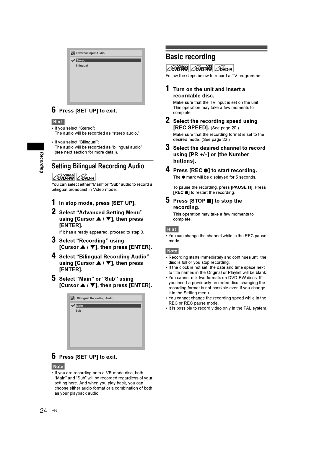 JVC DR-M70SEK manual Basic recording, Setting Bilingual Recording Audio, Turn on the unit and insert a recordable disc 