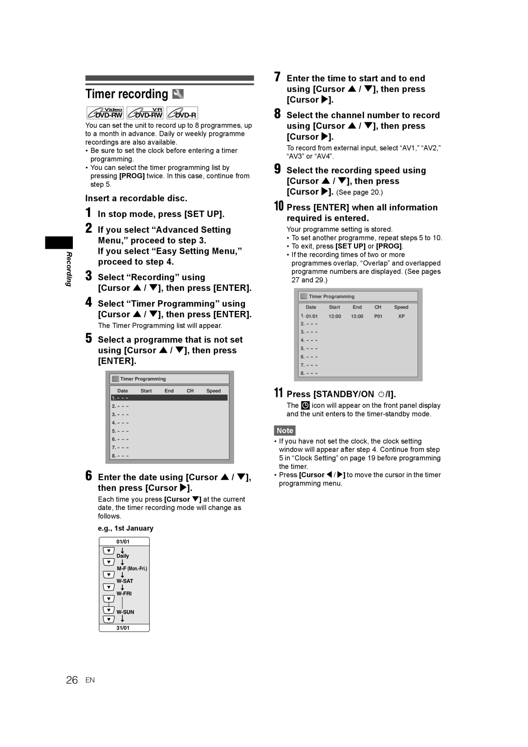 JVC DR-M70SEK Timer recording, Enter the date using Cursor U / D, then press Cursor P, Press STANDBY/ON y/I, 1st January 