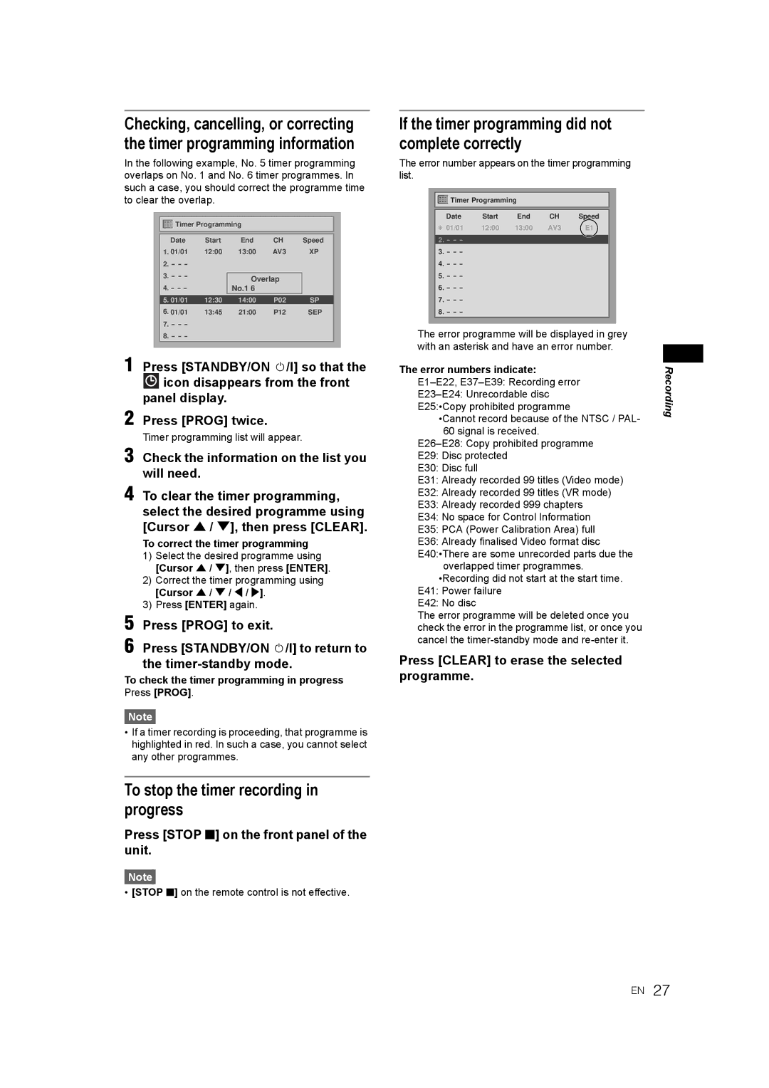 JVC DR-M70SEK manual If the timer programming did not complete correctly, Press Clear to erase the selected programme 