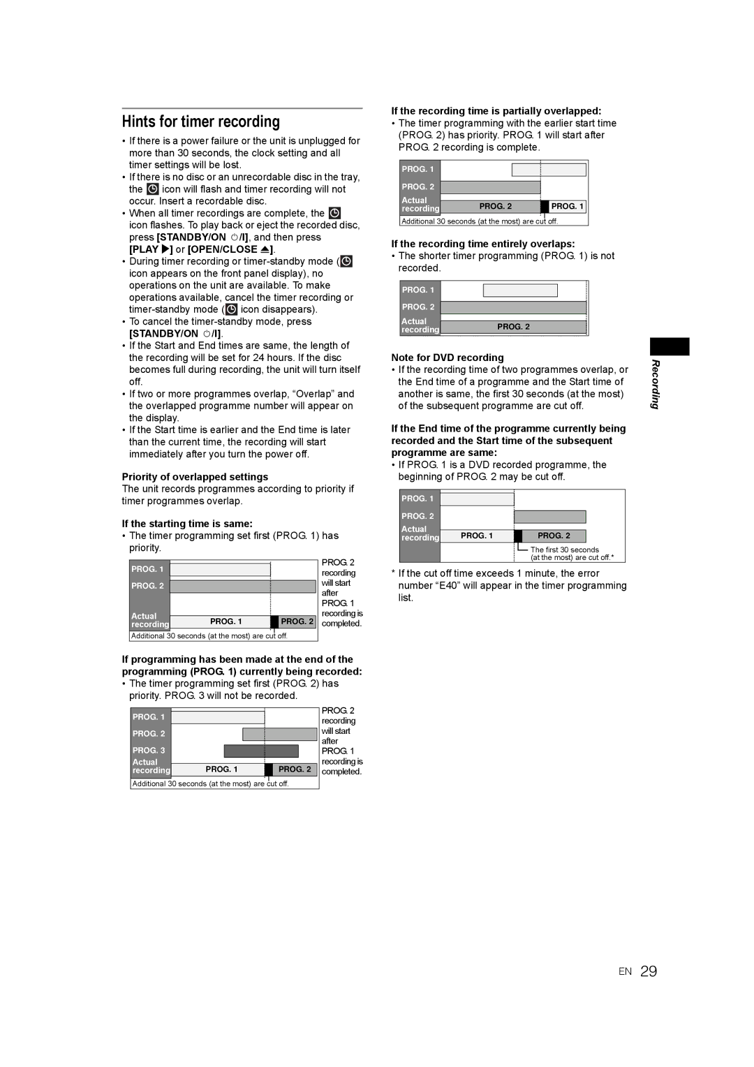 JVC DR-M70SEK manual Hints for timer recording, Priority of overlapped settings, If the starting time is same 