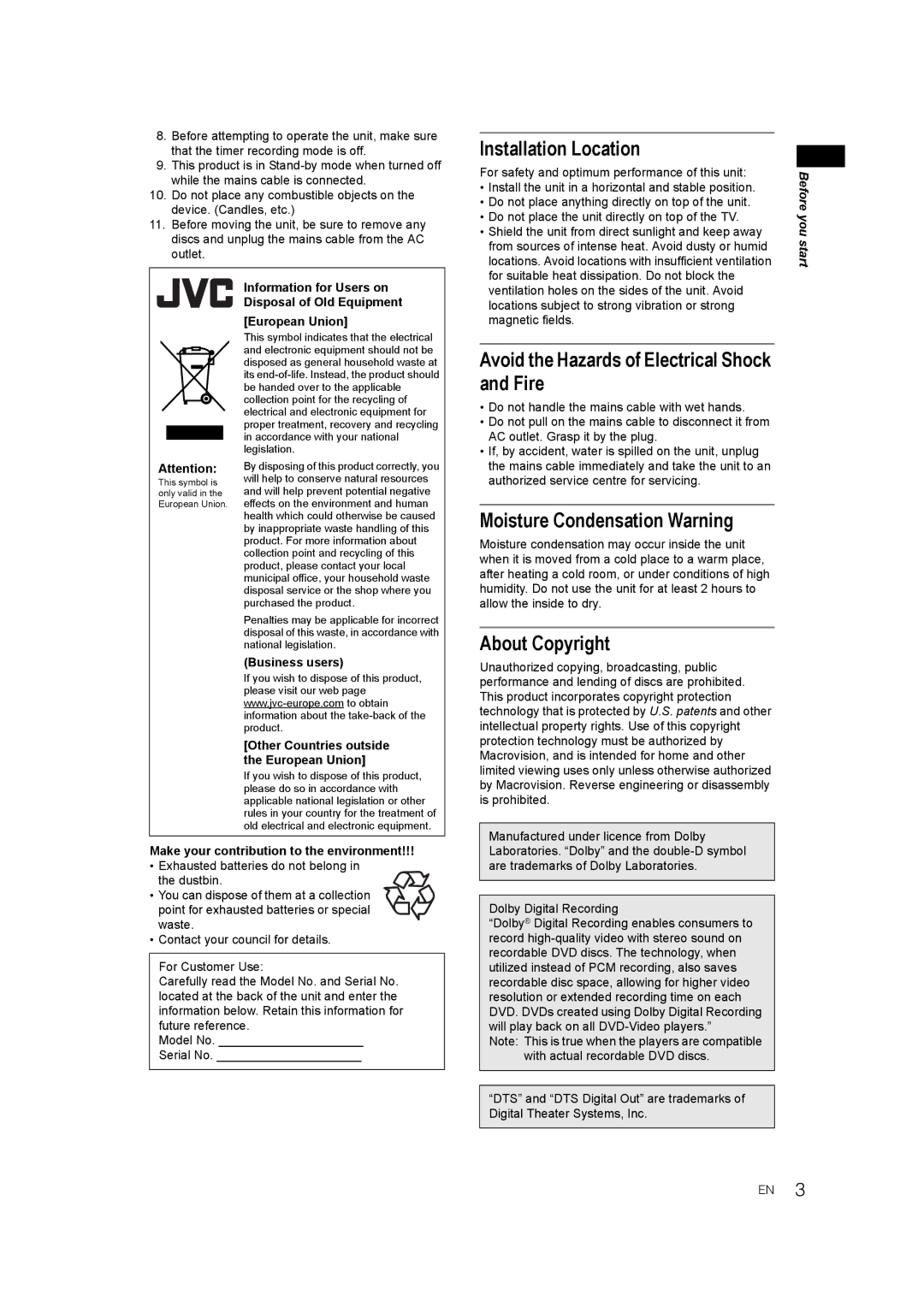 JVC DR-M70SEK manual Installation Location, Avoid the Hazards of Electrical Shock and Fire, Moisture Condensation Warning 