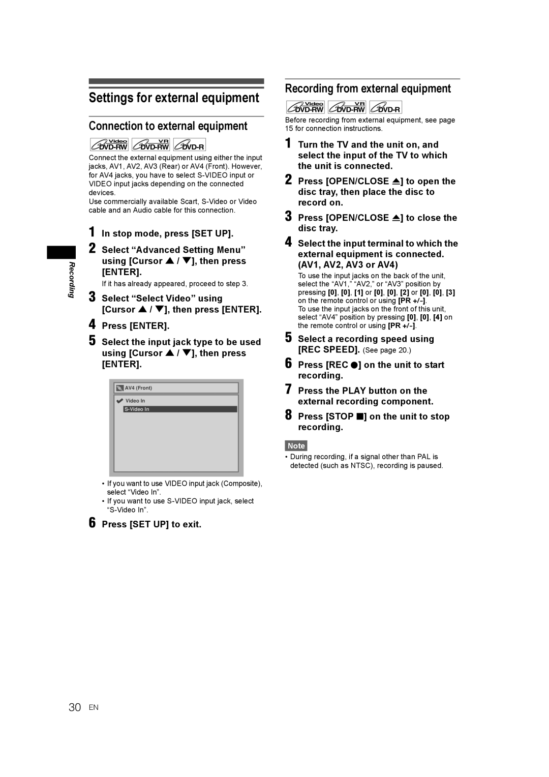 JVC DR-M70SEK manual Settings for external equipment, Connection to external equipment, Recording from external equipment 