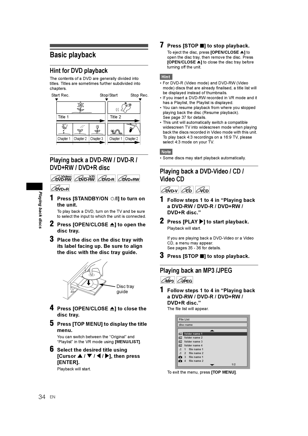 JVC DR-M70SEK manual Basic playback, Hint for DVD playback, Playing back a DVD-RW / DVD-R DVD+RW / DVD+R disc 