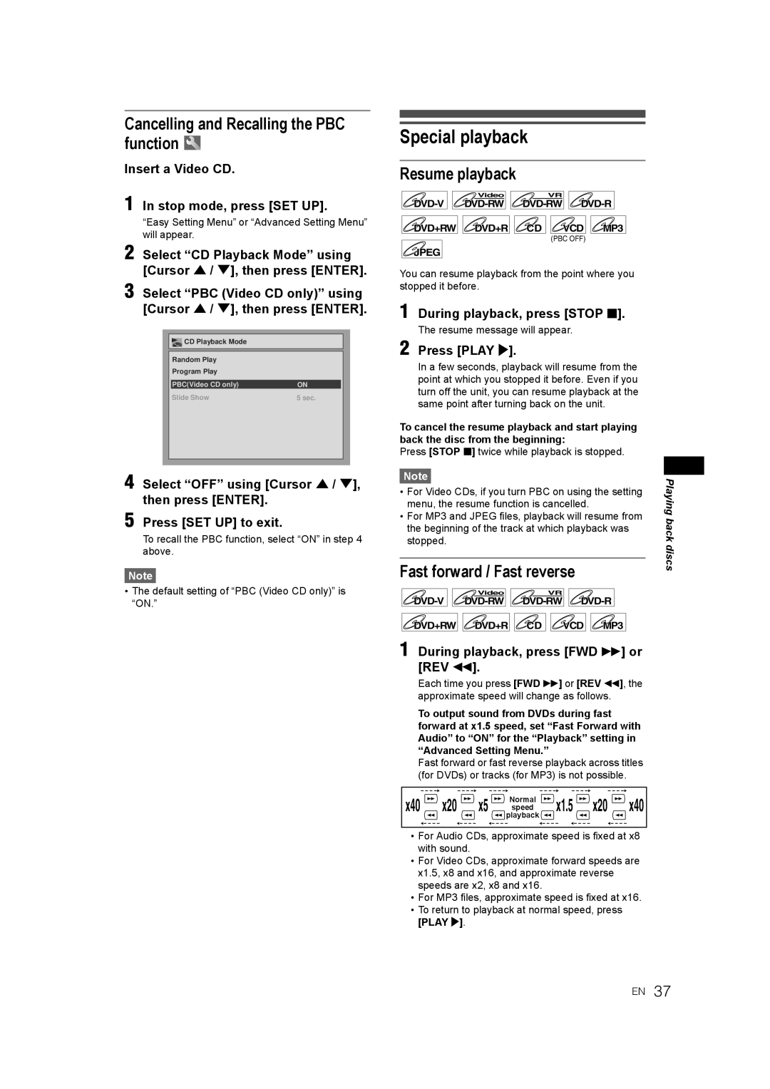 JVC DR-M70SEK Special playback, Cancelling and Recalling the PBC function, Resume playback, Fast forward / Fast reverse 