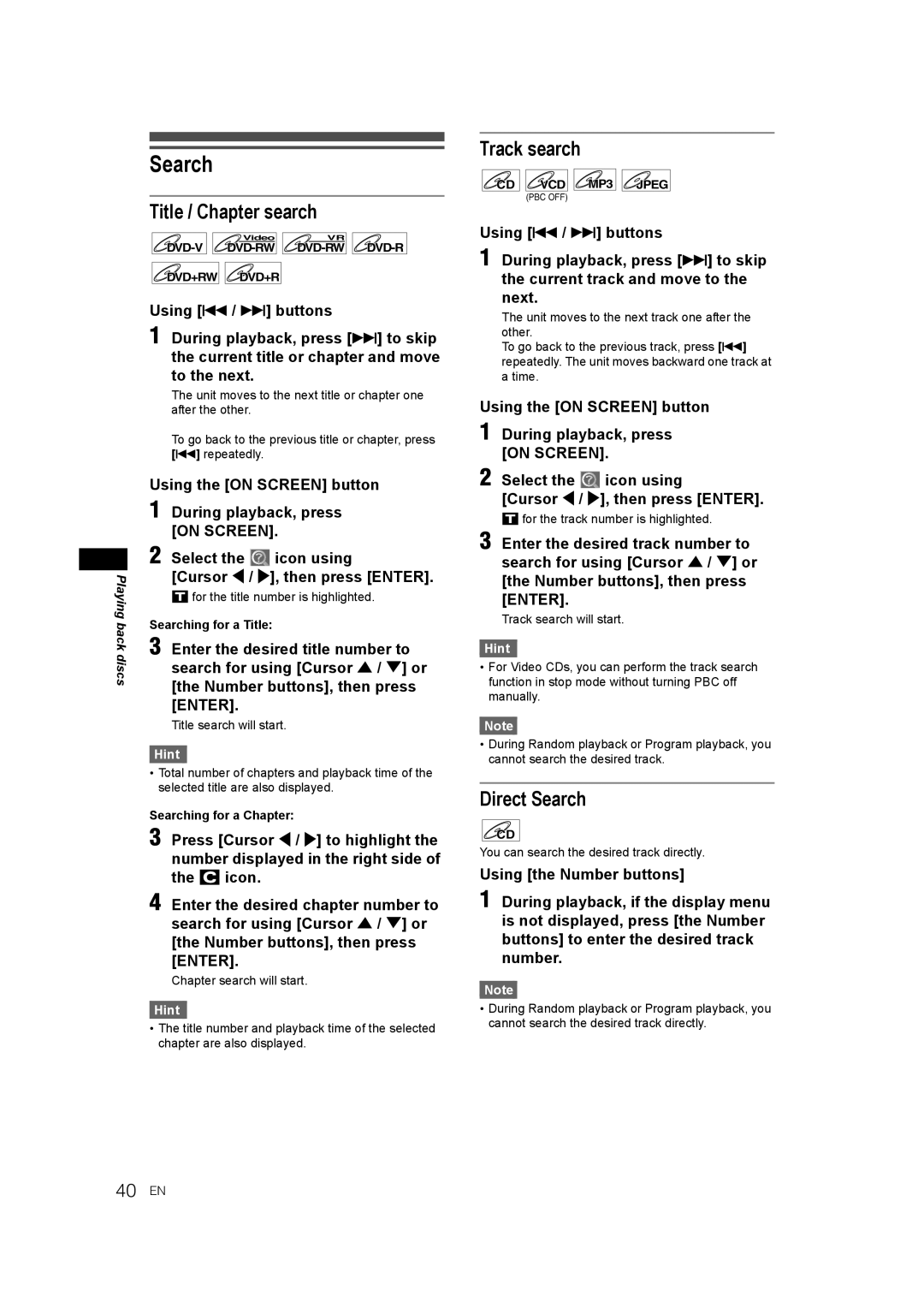 JVC DR-M70SEK manual Title / Chapter search, Track search, Direct Search 