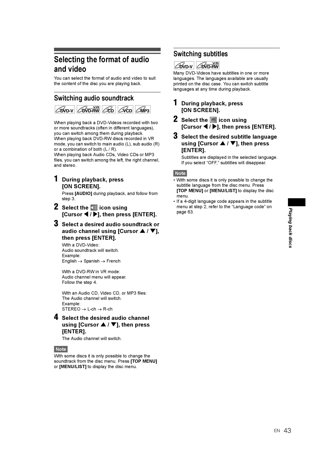 JVC DR-M70SEK manual Selecting the format of audio and video, Switching audio soundtrack, Switching subtitles 