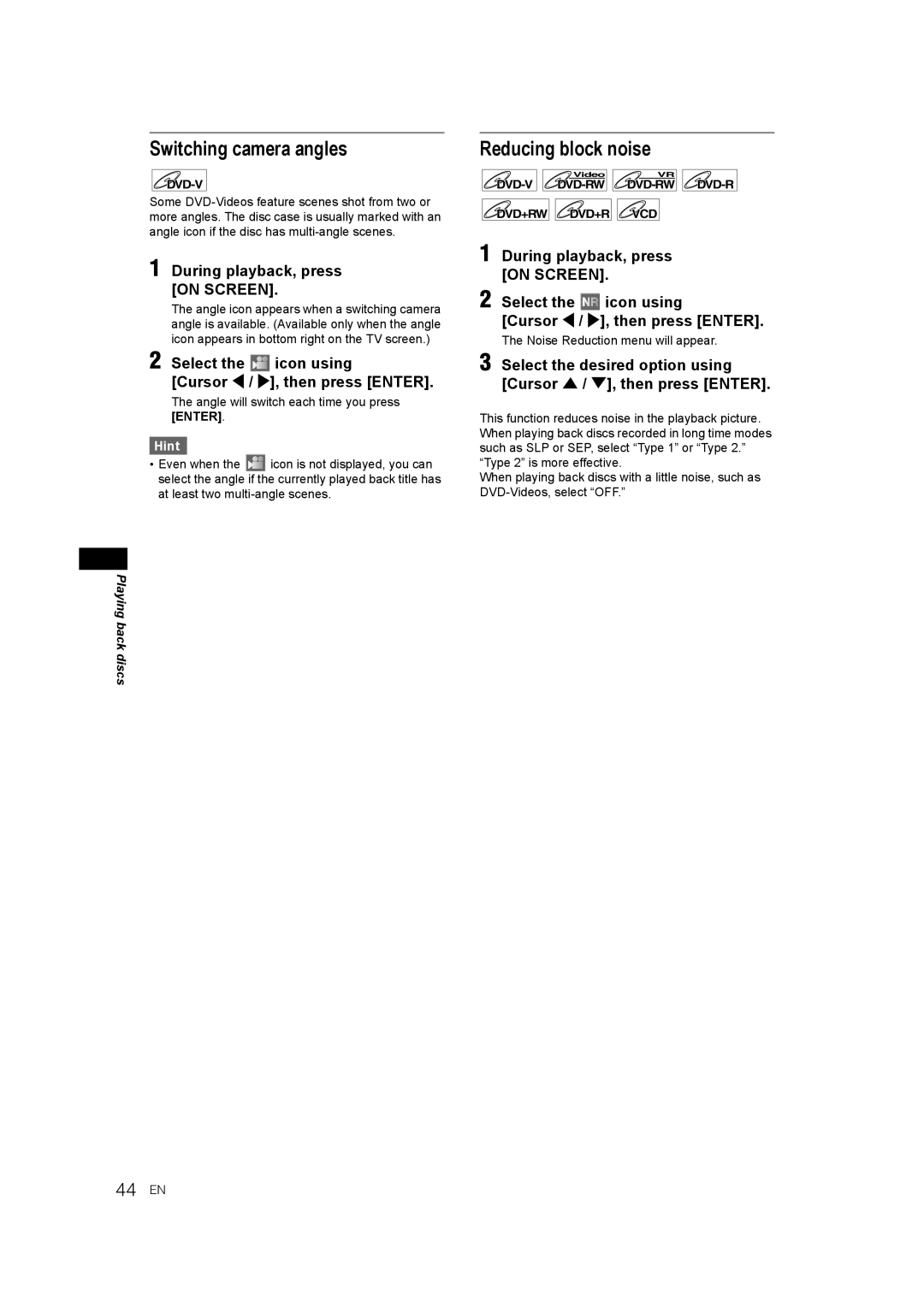 JVC DR-M70SEK manual Switching camera angles, Reducing block noise, Select the icon using Cursor L / P, then press Enter 