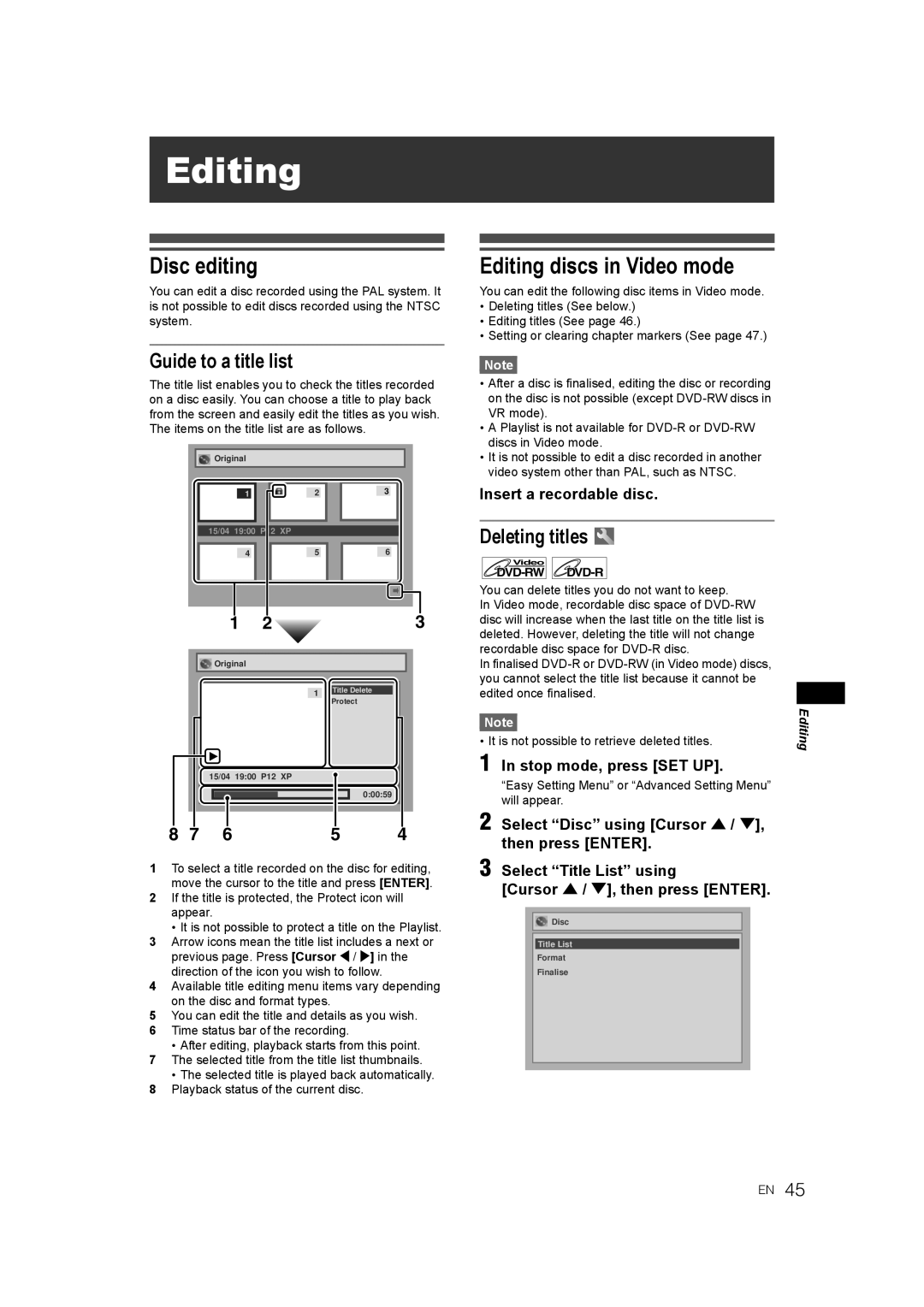 JVC DR-M70SEK Disc editing, Editing discs in Video mode, Guide to a title list, Deleting titles, Insert a recordable disc 