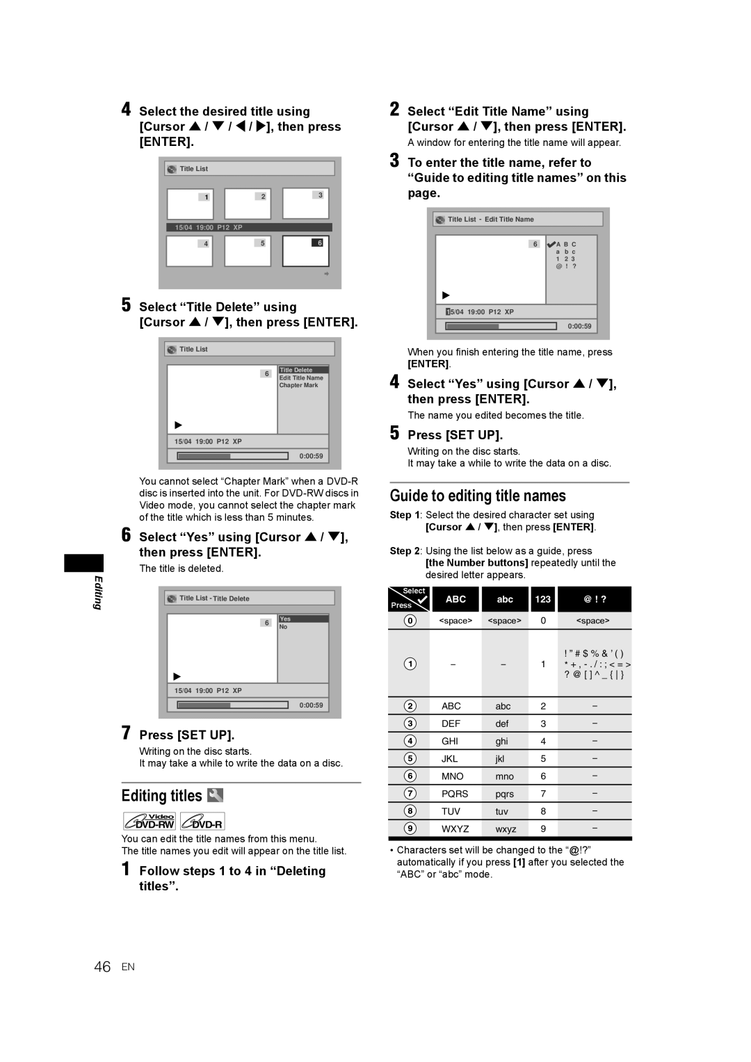 JVC DR-M70SEK manual Editing titles, Guide to editing title names, Follow steps 1 to 4 in Deleting titles, Title is deleted 