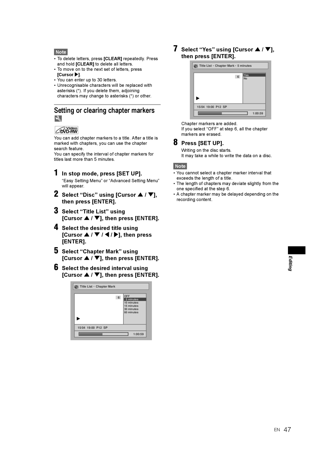 JVC DR-M70SEK manual Setting or clearing chapter markers, Press SET UP 