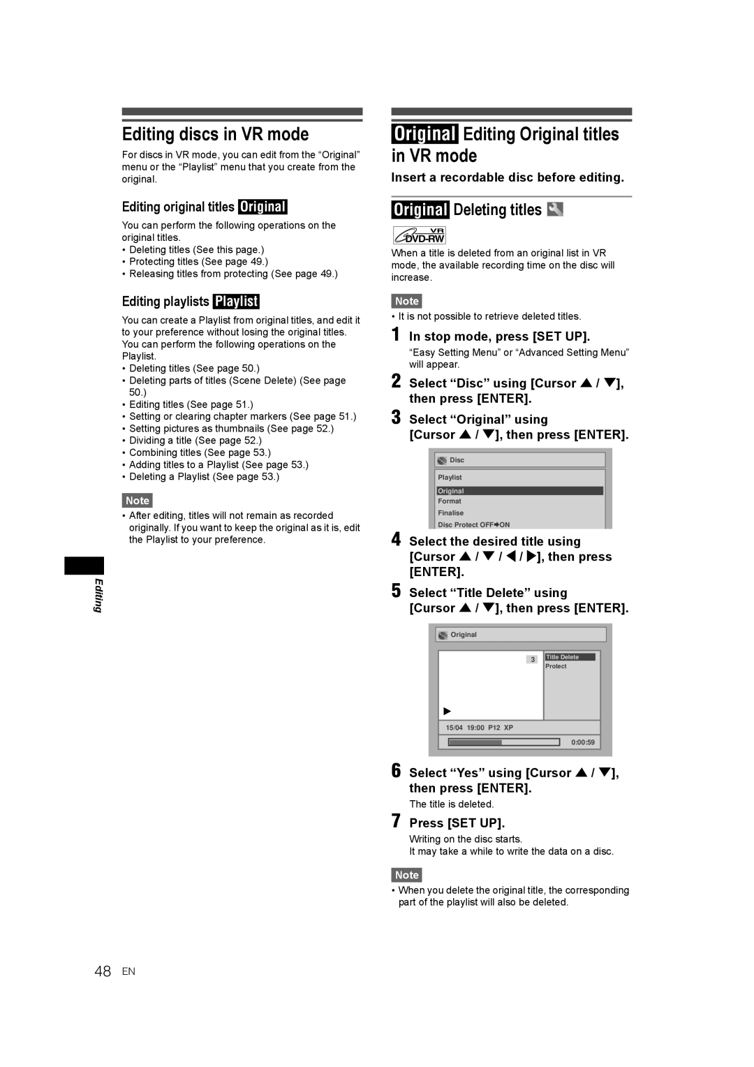 JVC DR-M70SEK manual Editing discs in VR mode, Original Editing Original titles in VR mode, Original Deleting titles 