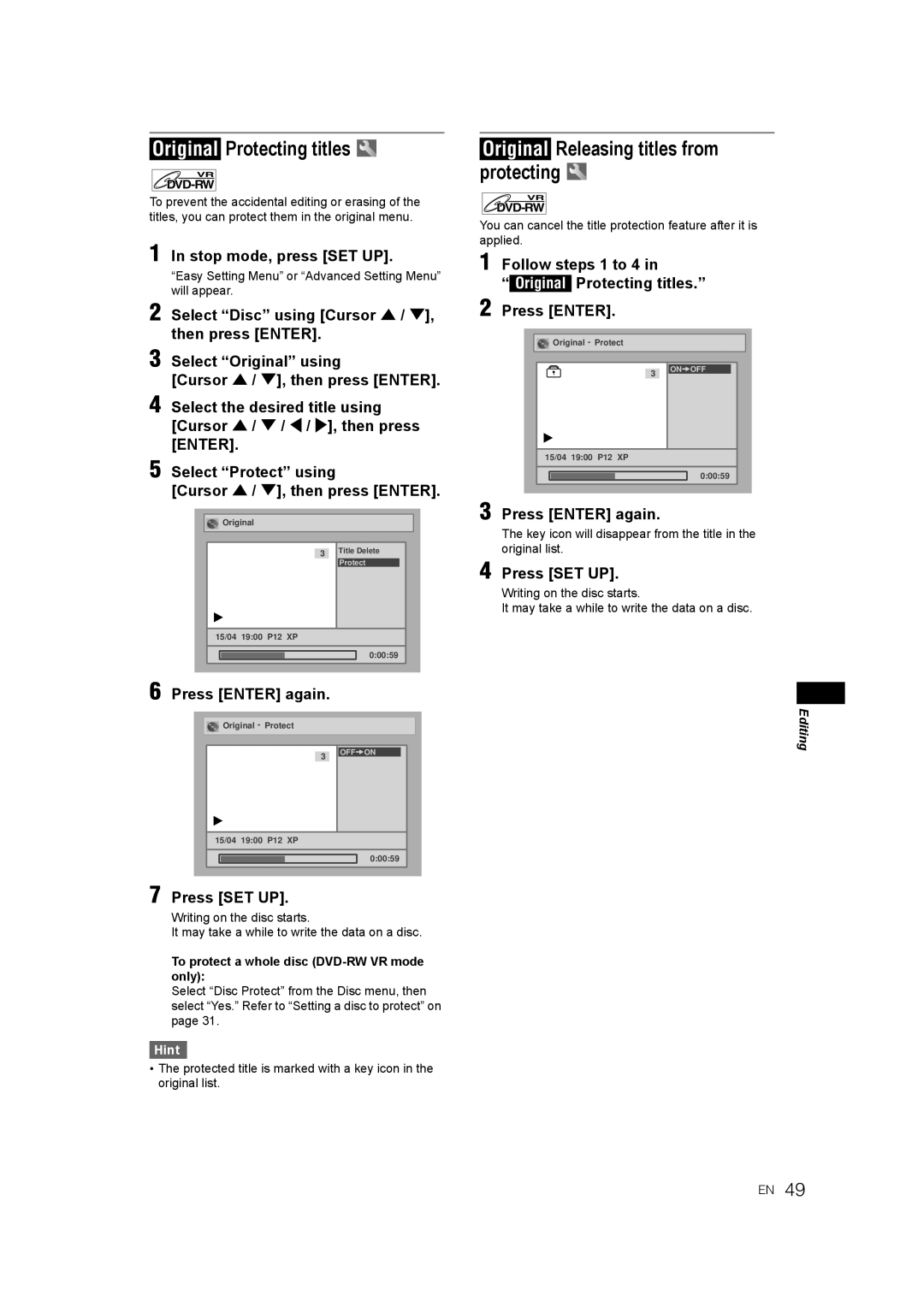 JVC DR-M70SEK manual Original Protecting titles, Original Releasing titles from protecting 