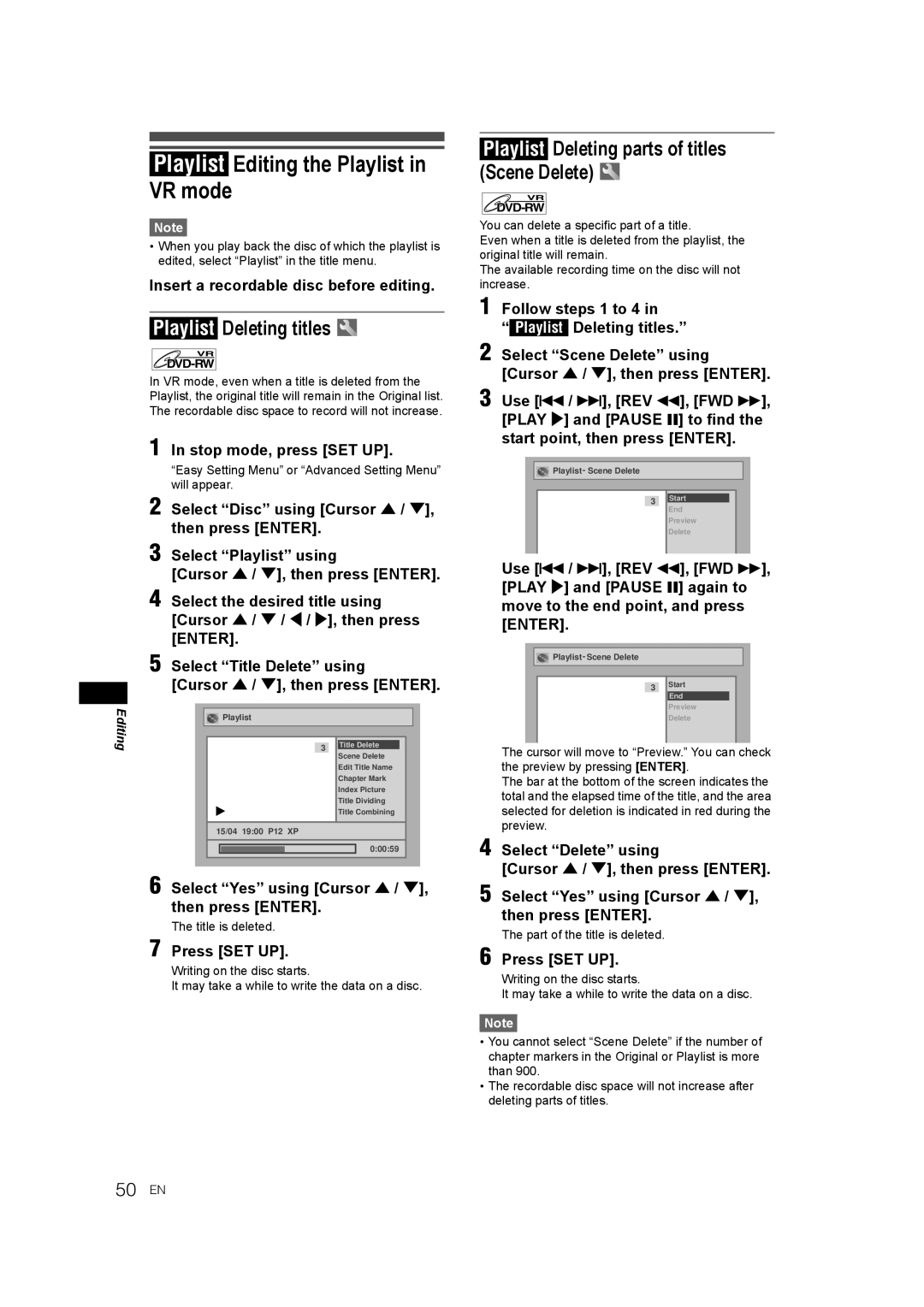 JVC DR-M70SEK manual Playlist Editing the Playlist in VR mode, Playlist Deleting titles 