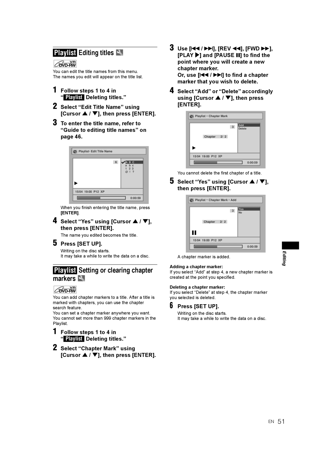 JVC DR-M70SEK manual Playlist Editing titles, Playlist Setting or clearing chapter markers, Adding a chapter marker 