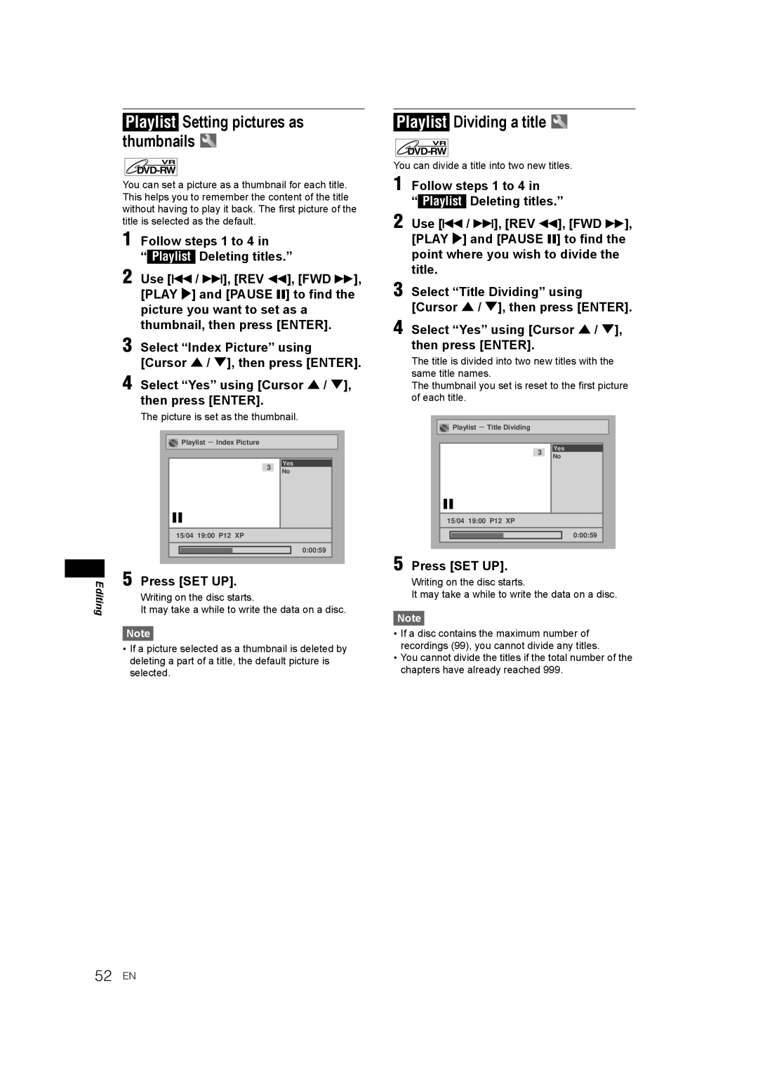 JVC DR-M70SEK manual Playlist Setting pictures as thumbnails, Playlist Dividing a title, Picture is set as the thumbnail 