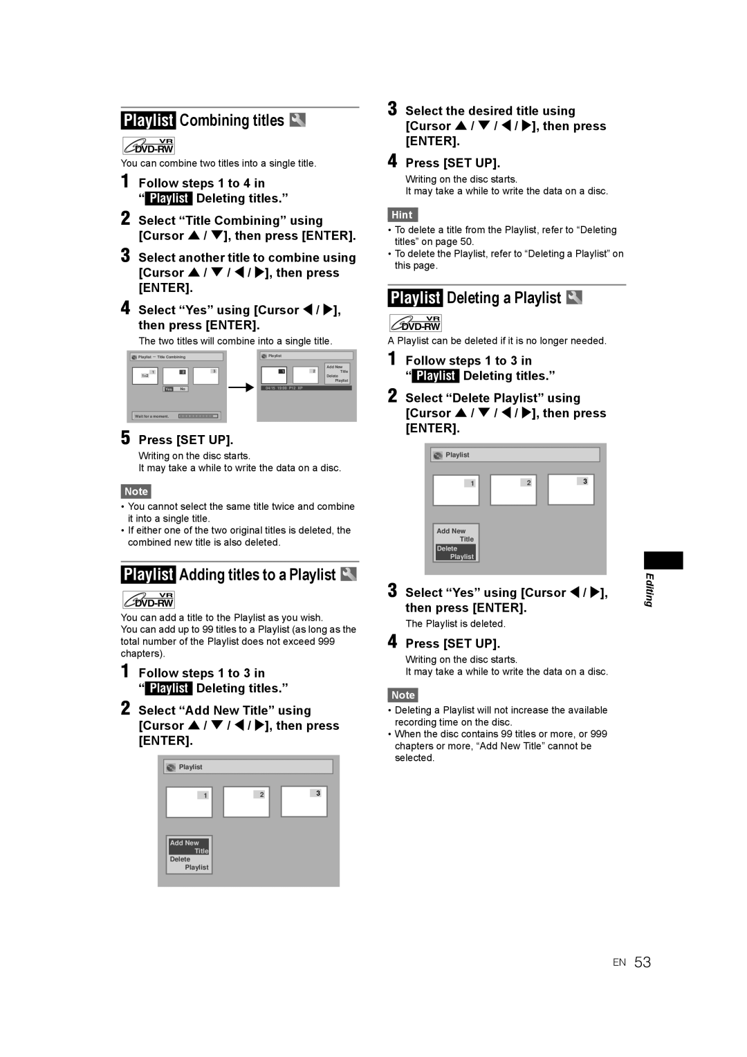 JVC DR-M70SEK manual Playlist Combining titles, Playlist Adding titles to a Playlist, Playlist Deleting a Playlist 