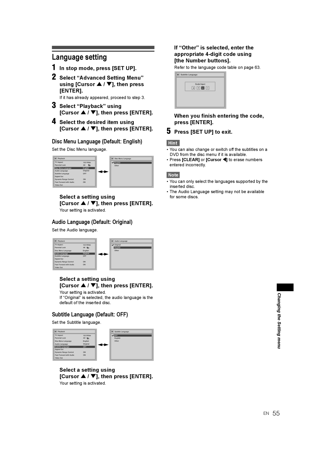 JVC DR-M70SEK manual Language setting, Disc Menu Language Default English, Audio Language Default Original 