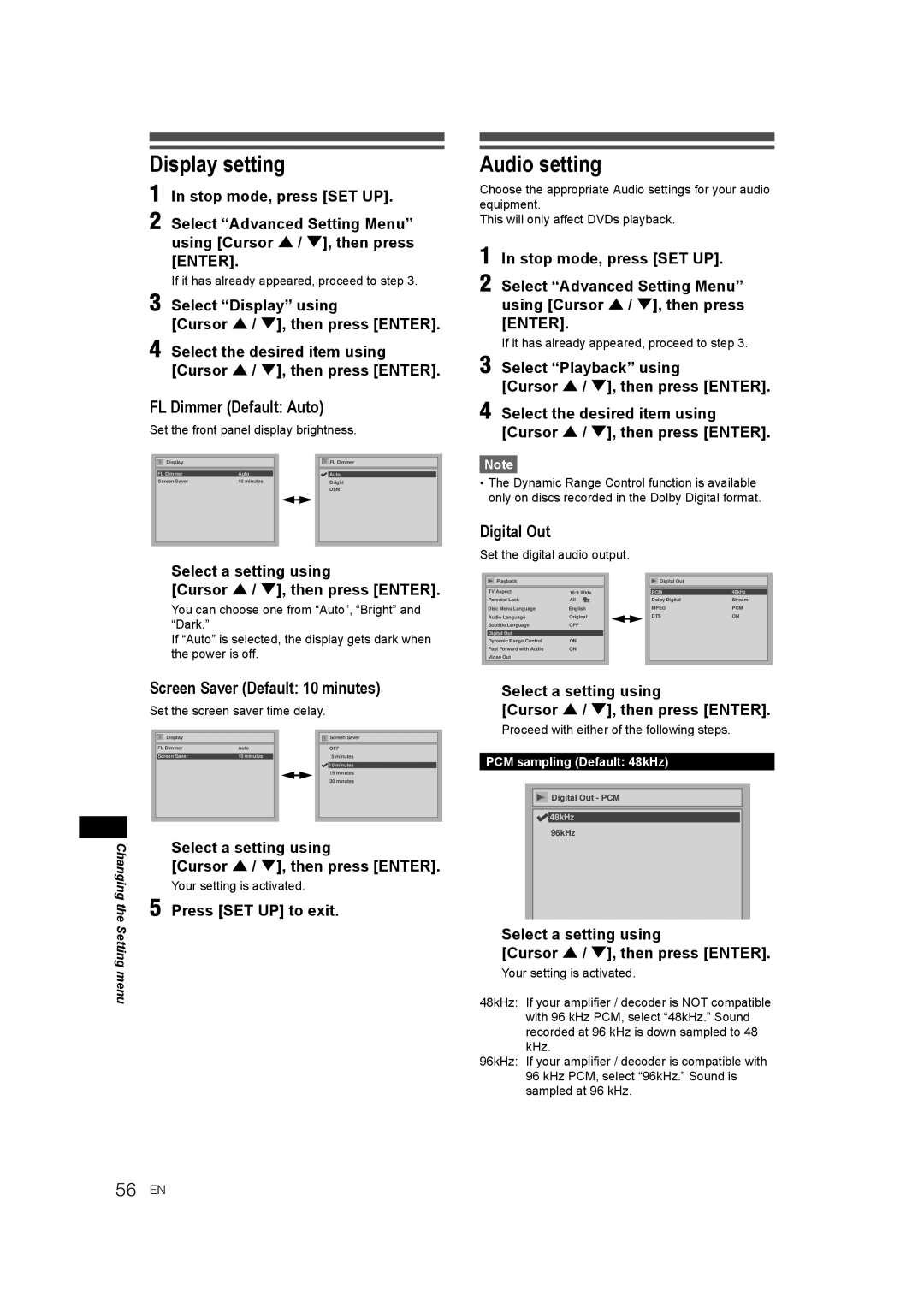 JVC DR-M70SEK manual Display setting, Audio setting, FL Dimmer Default Auto, Digital Out, Screen Saver Default 10 minutes 