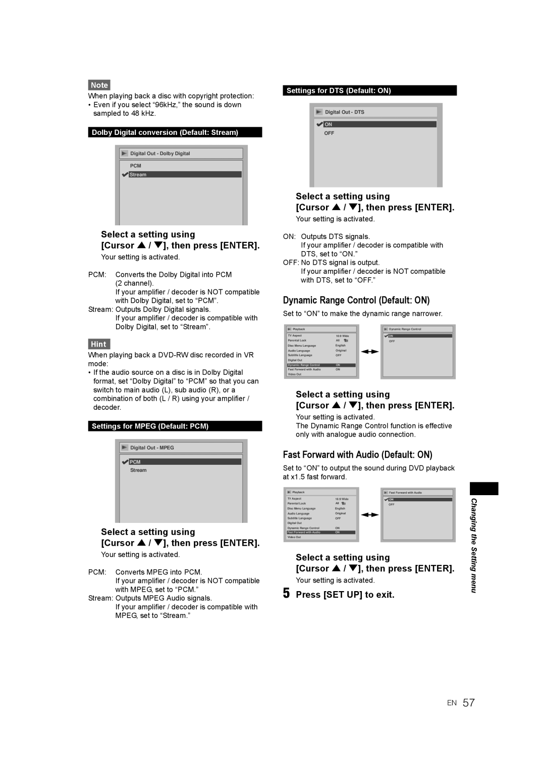 JVC DR-M70SEK manual Dynamic Range Control Default on, Fast Forward with Audio Default on, Settings for Mpeg Default PCM 