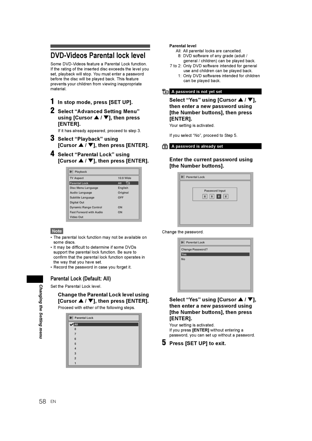 JVC DR-M70SEK DVD-Videos Parental lock level, Parental Lock Default All, Password is not yet set, Password is already set 