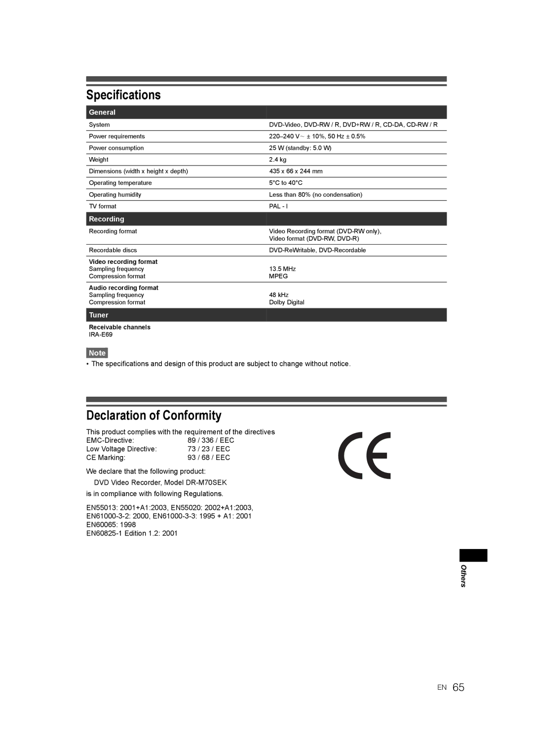 JVC DR-M70SEK manual Specifications, Declaration of Conformity, General, Recording, Tuner 