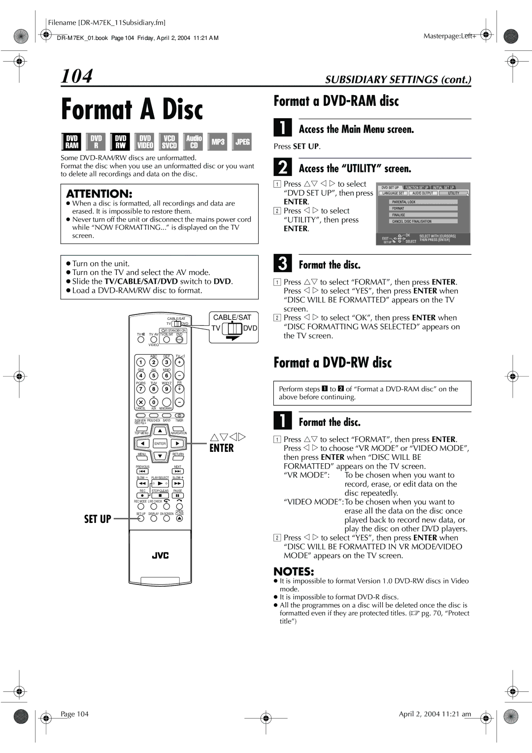 JVC DR-M7S manual Format a Disc, 104, Format a DVD-RAM disc, Format a DVD-RW disc 